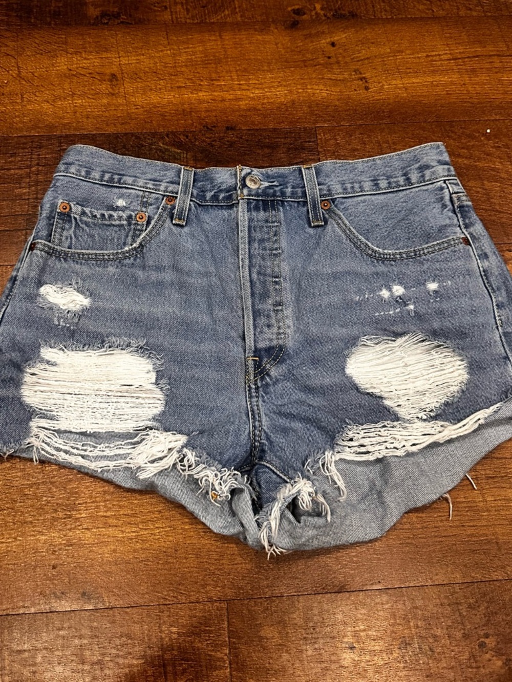 Levi's Distressed Light Blue High-Rise Denim Shorts